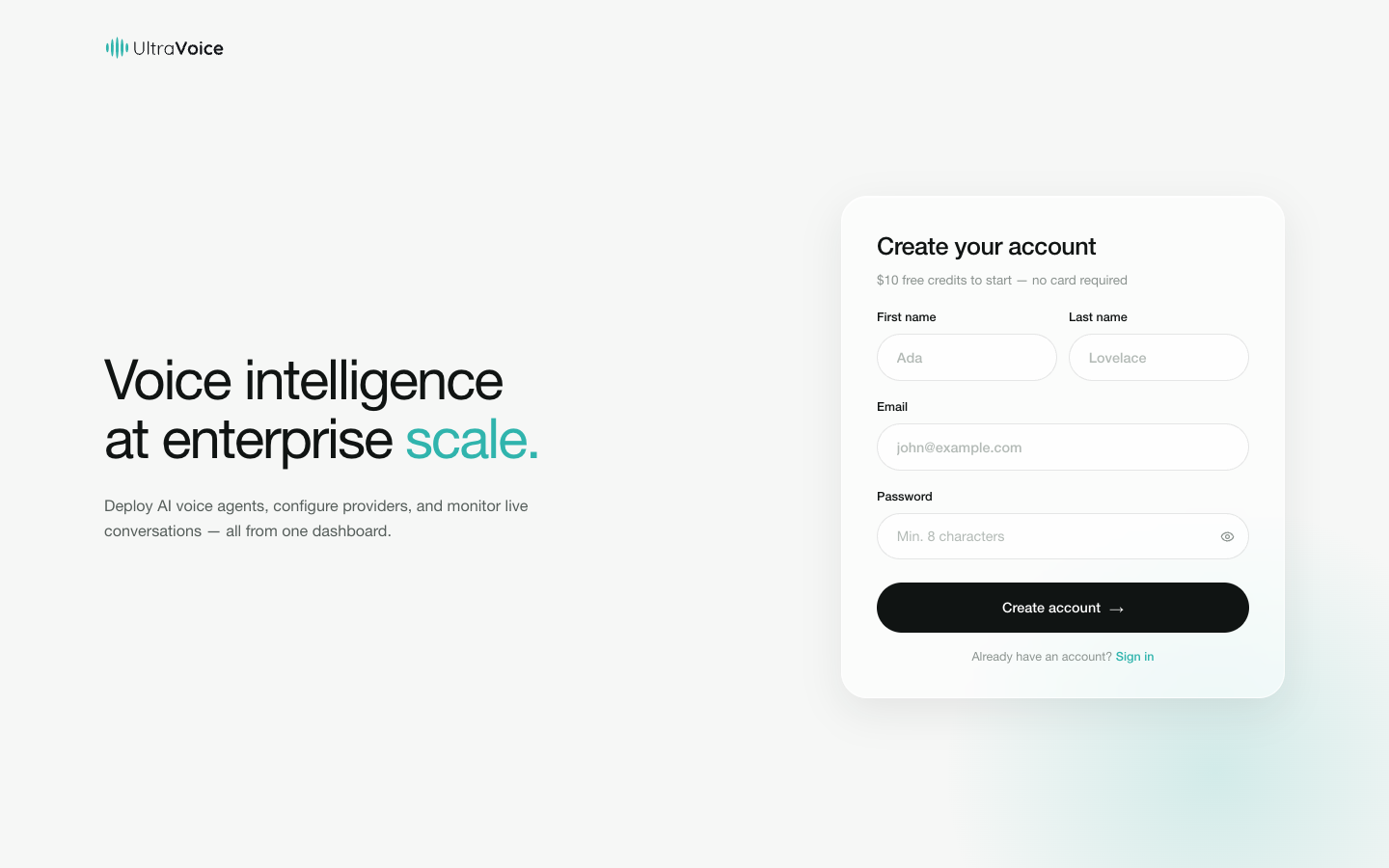 Create your account screen