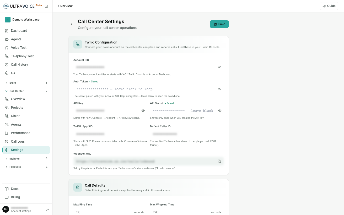 Call Center settings — Twilio