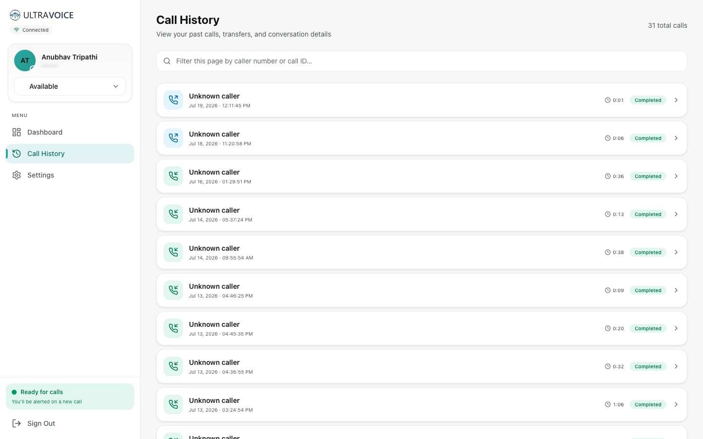 Agent portal — call history