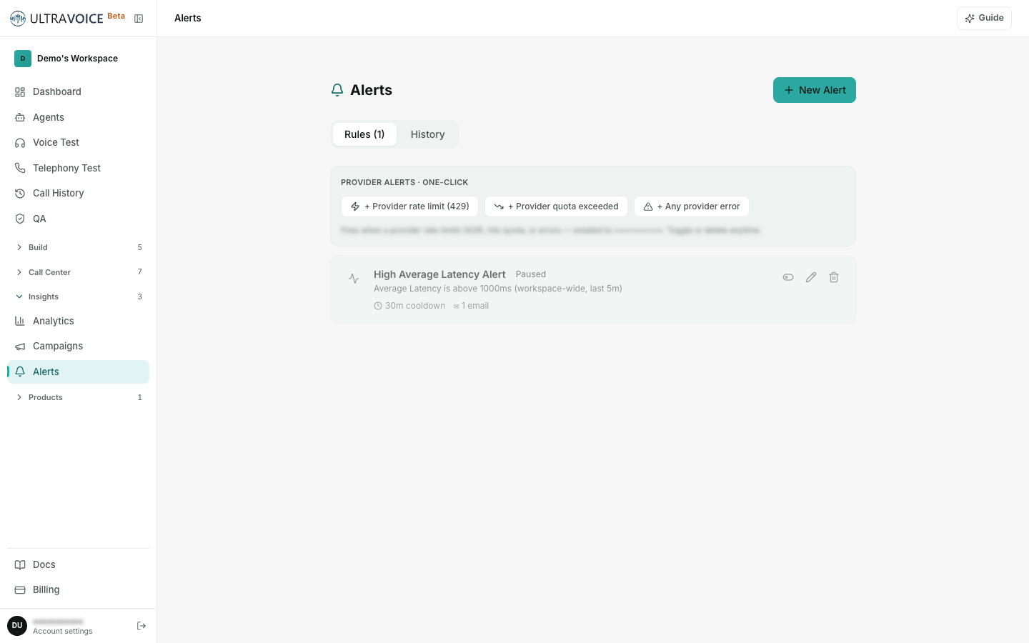 The Alerts page — Rules and History