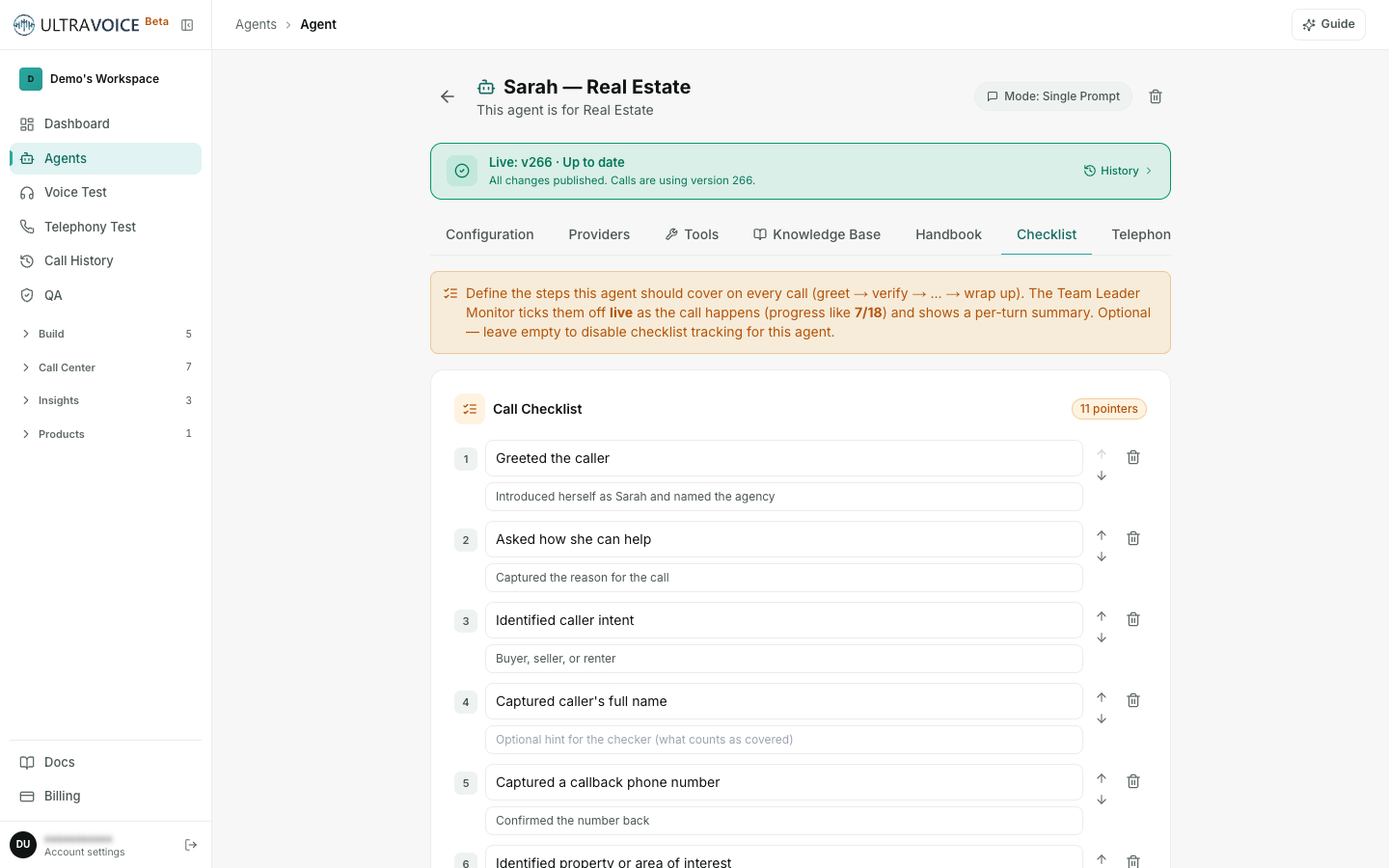 The agent Checklist tab