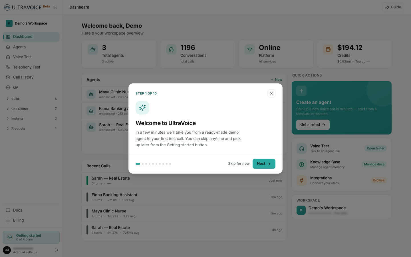 The "Welcome to UltraVoice" onboarding wizard