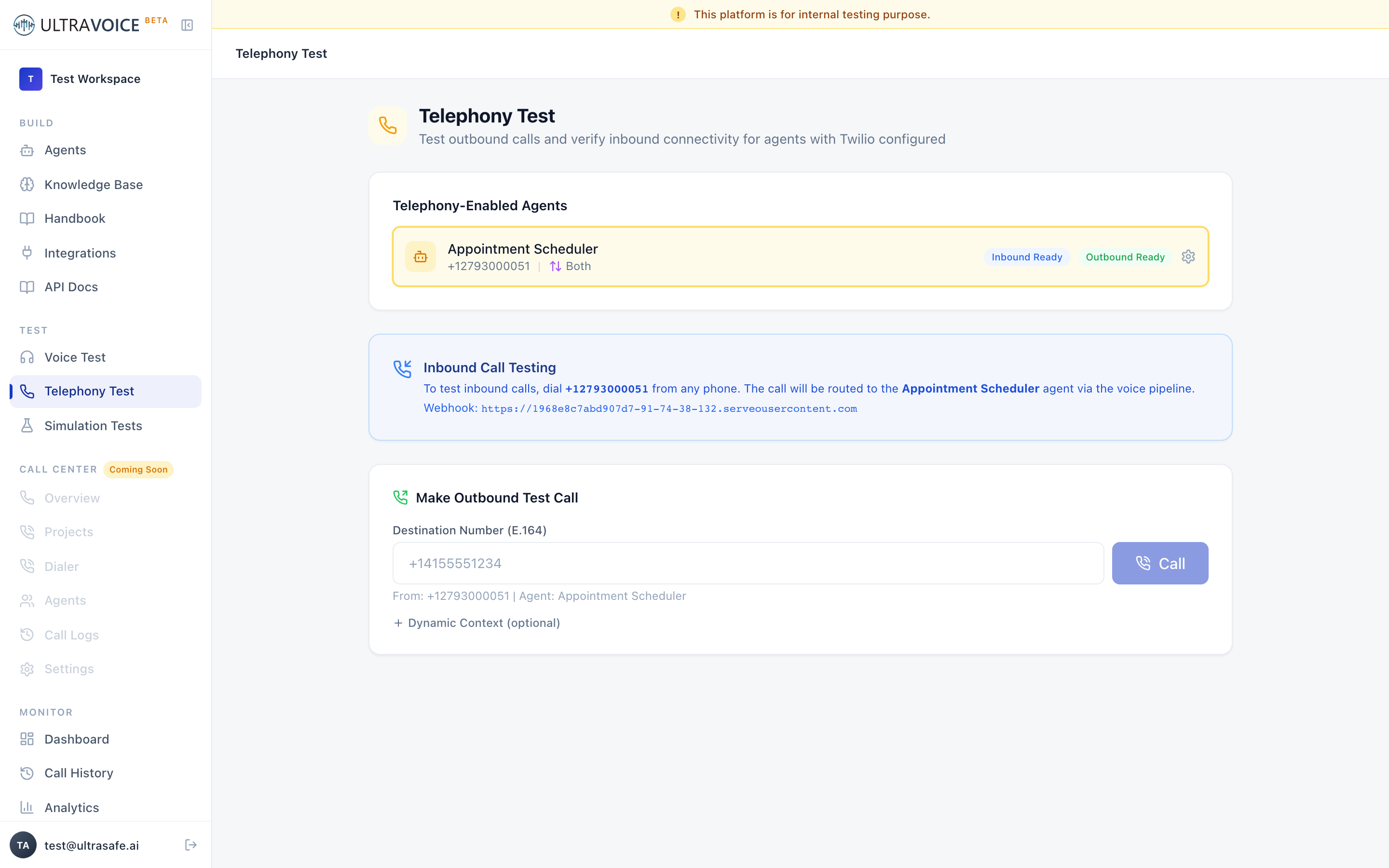 Telephony Test page