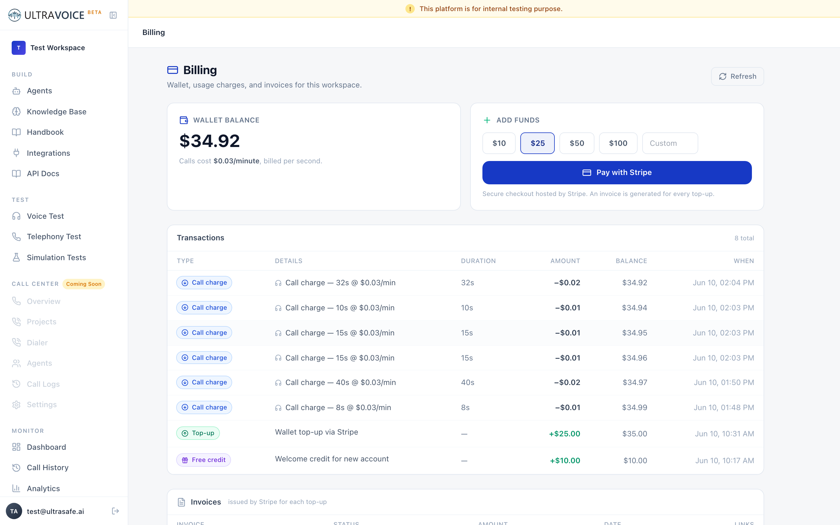 Billing and wallet page